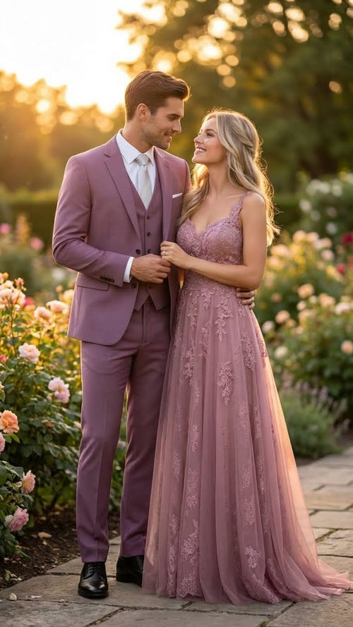 Men's slim-fit mauve three-piece suit: blazer (notch lapel), vest, trousers. Smooth fabric, solid mauve color. Perfect for formal occasions.