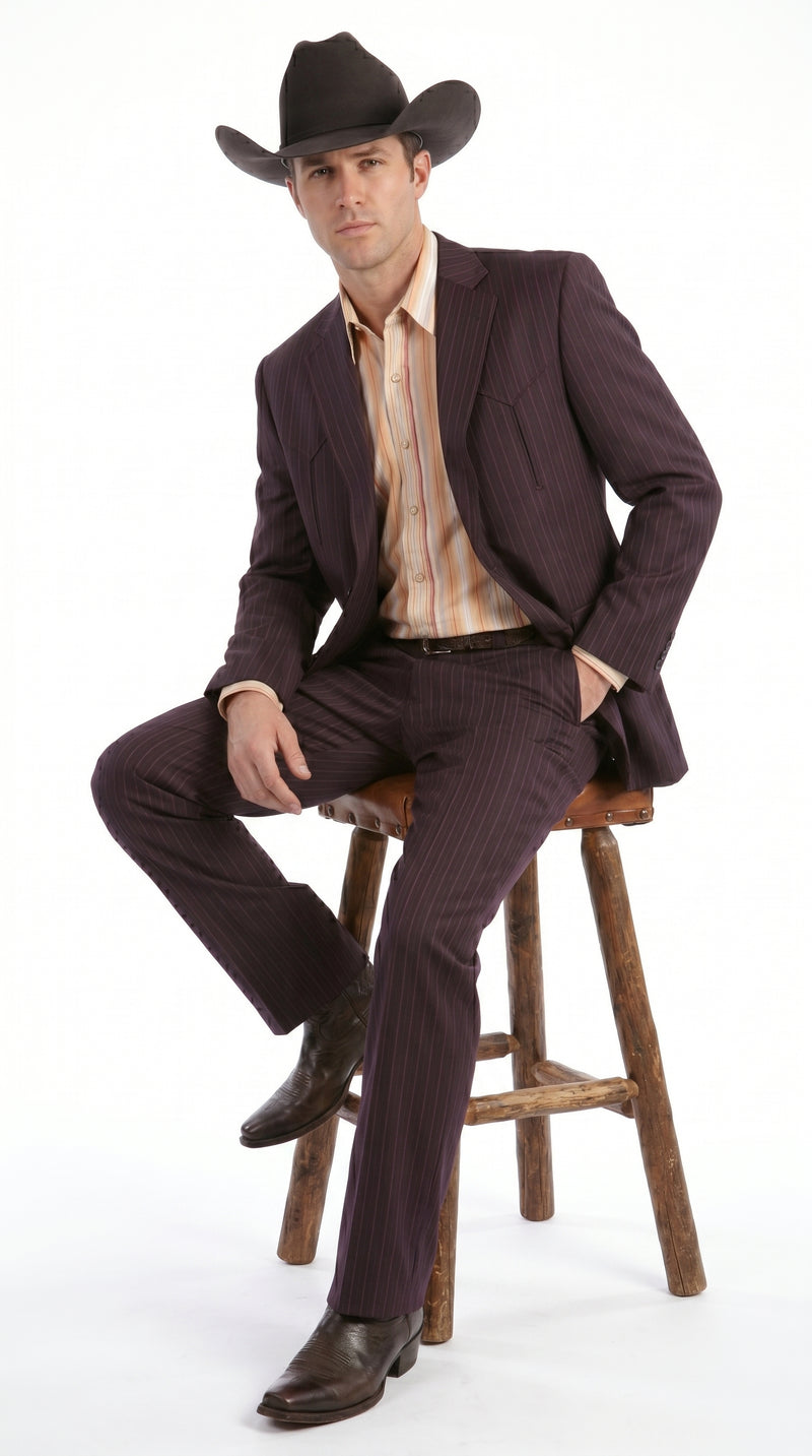 Men’s Brownish Black Pinstripe Western Suit, Cowboy Formal Wedding Ranch Dress Suit Set Slim Fitted
