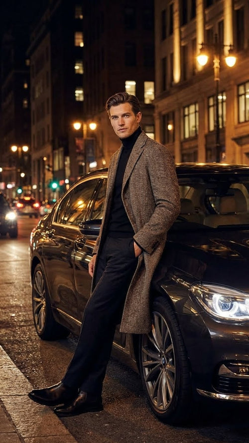 Men's black & grey herringbone tweed overcoat. Wool blend. Tailored fit, long open front, notched lapels. Distinct herringbone pattern. Classic style.