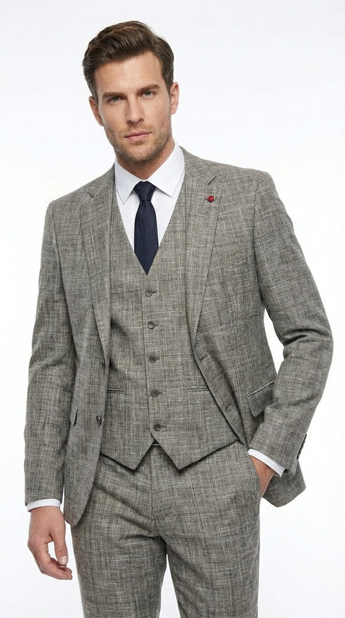 Vitali Brand Men’s Grey Textured Patterned 3 Piece Suit – Modern Fit Checkered Sharkskin with Blazer, Vest & Trousers, Business Wedding