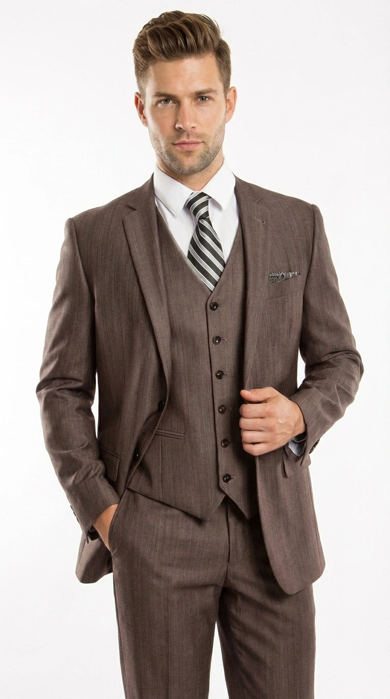 Men’s Brown Sharkskin 3 Piece Suit – Textured Two Button Vested Business Formal Suit for Wedding, Party Wear Vested