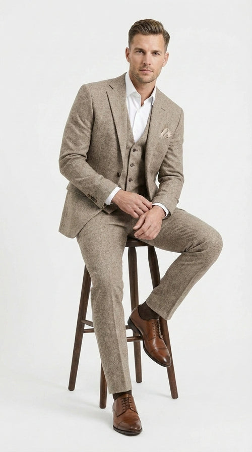 Men’s Light Beige Herringbone Tweed Suit with Vest – Classic Three Piece Formal Suit, Vintage Business Wedding Outfit, Elegant Smart Casual Attire