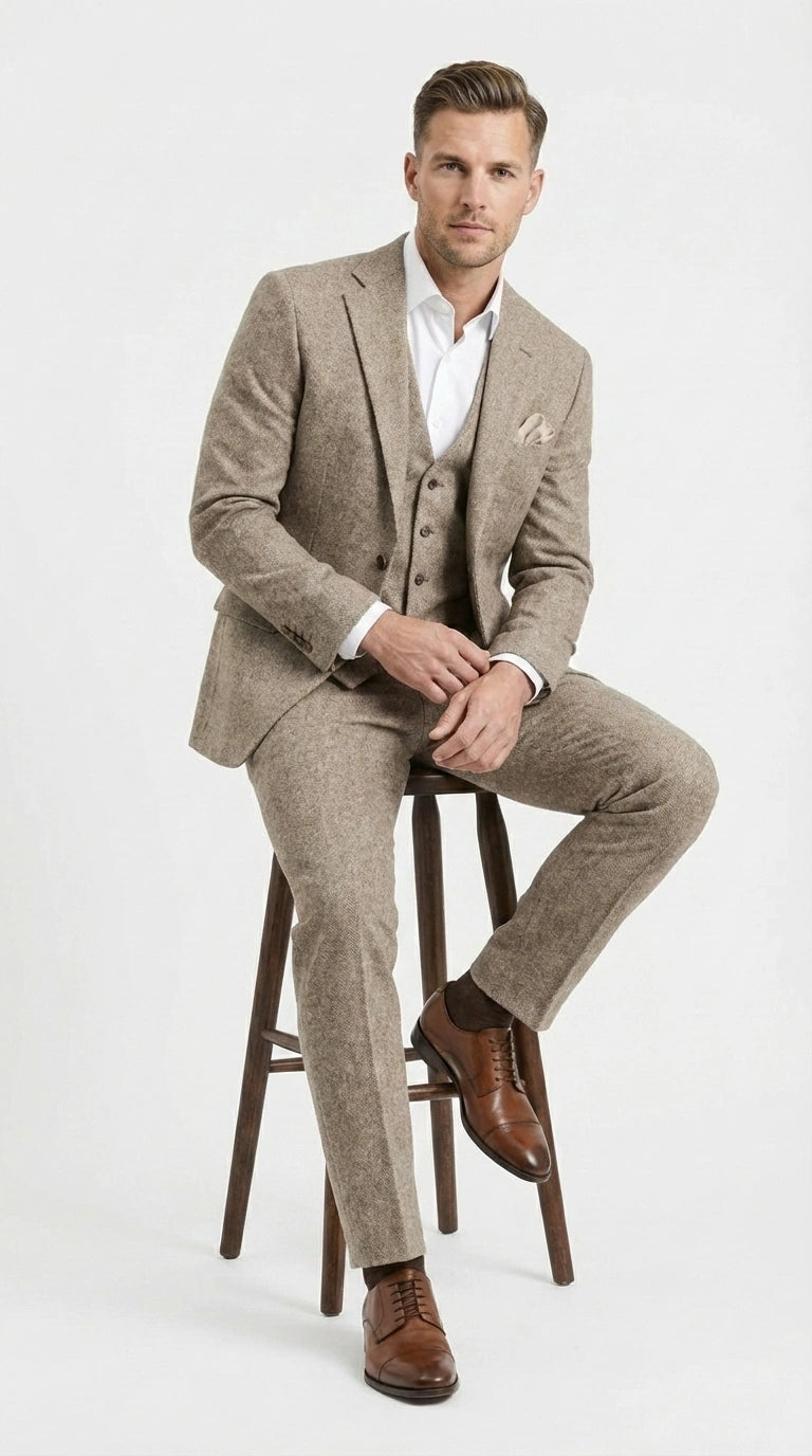 Men’s Light Beige Herringbone Tweed Suit with Vest – Classic Three Piece Formal Suit, Vintage Business Wedding Outfit, Elegant Smart Casual Wear