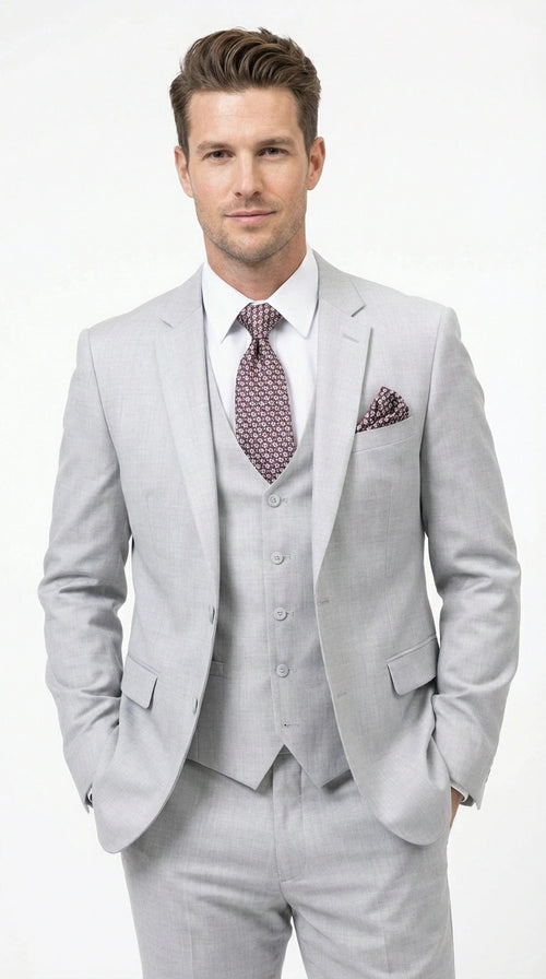 Men’s Light Grey Sharkskin 3 Piece Suit – Two Button Vested Modern Formal Business Suit for Wedding in silver Ice Gray