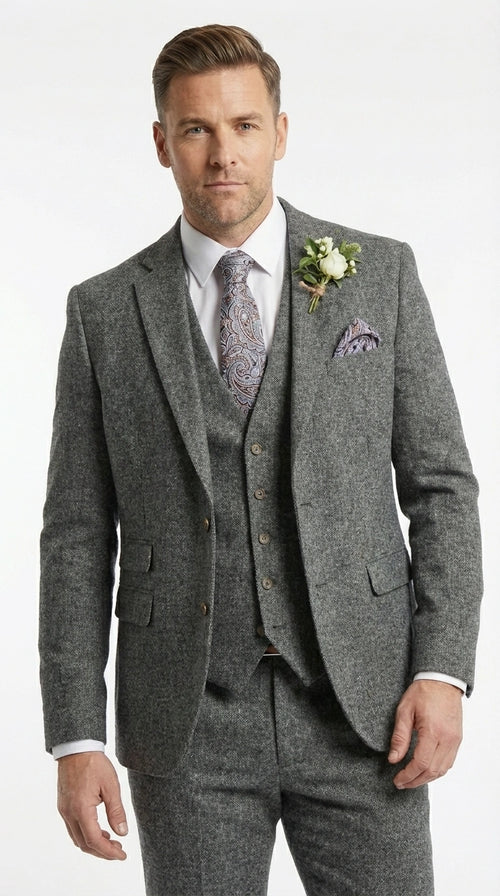 Men’s Peaky Blinder Light Grey Tweed Suit with Vest – Classic Three Piece Formal Suit, Vintage Wedding Business Outfit