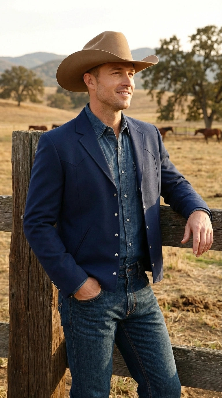 Mens Navy Blue Western Blazer Set – Cowboy Style Jacket and Pants Outfit Classic Country Western Blazer