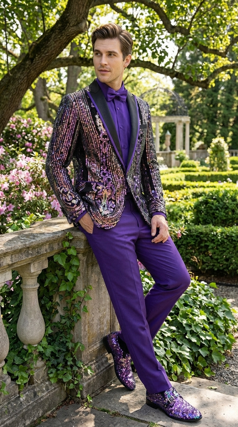 Mens Mardi Gra Black and Purple and Gold Sequin Tuxedo Jacket Set – Designer with Floral Pattern Jacket Formal Wedding Party Wear Bowtie