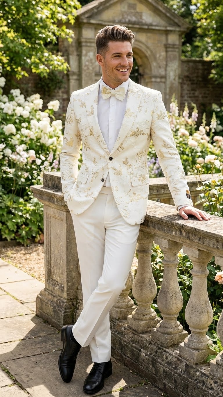Alberto Nardoni men's blazer. White with gold floral pattern, tailored fit. Single-button front, notched lapels. Two front pockets, fully lined.