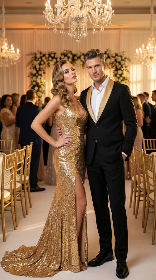 Men’s Black Suit with Gold Lapel – Luxury Formal Tuxedo Style Suit for Wedding, Prom, Party and Evening Wear