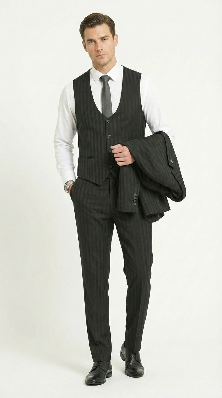 Men’s Black Pinstripe 3 Piece Suit – Vested Formal Business Suit for Wedding, Office, Prom and Party Wear