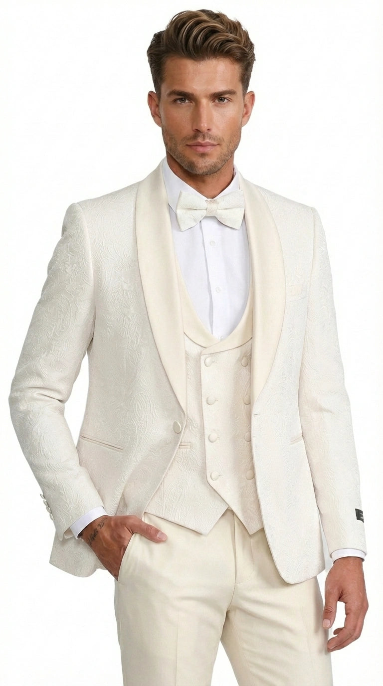 Men’s Ivory Paisley Tuxedo Suit 3 Piece – One Button Vested Satin Formal Suit for Wedding in Off white Cream Color