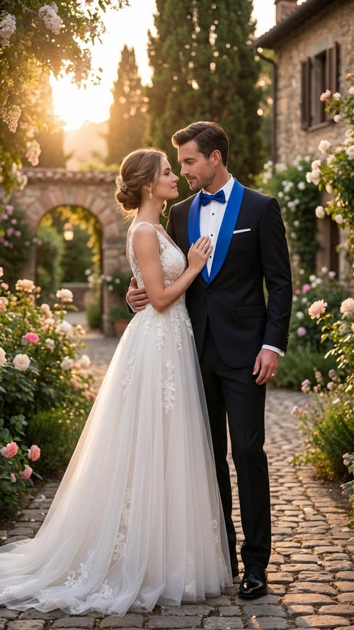 Men's black tuxedo with a royal blue shawl lapel. Fitted silhouette, smooth, subtly shiny fabric. Classic design with contrasting lapel for visual appeal.