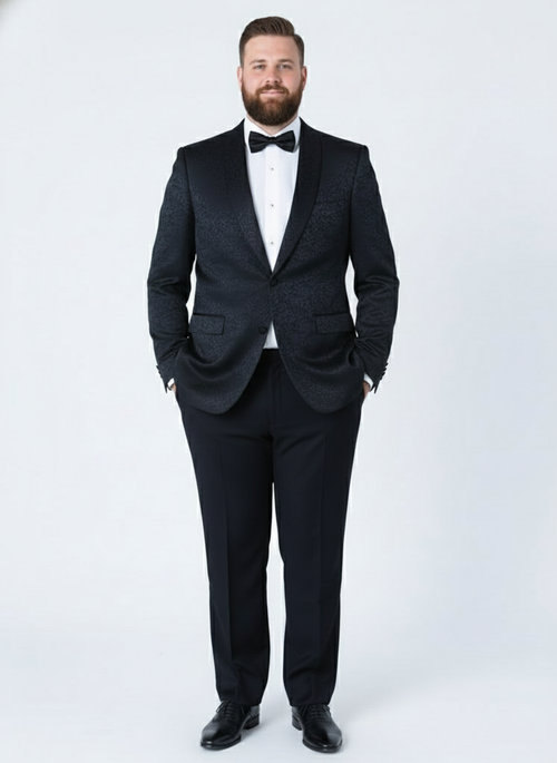 Men's black tuxedo suit with textured paisley floral design. Tailored jacket: satin lapels, single-button closure. Matching trousers. Subtle floral pattern throughout.
