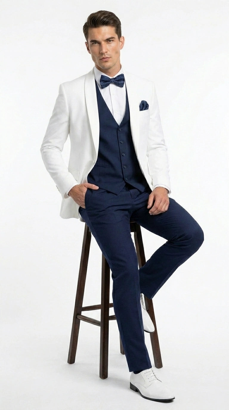 Men’s White and Navy blue tuxedo 3 Piece Suit – Classic White Blazer with Navy Vest and Pants for Wedding, Party + Bowtie