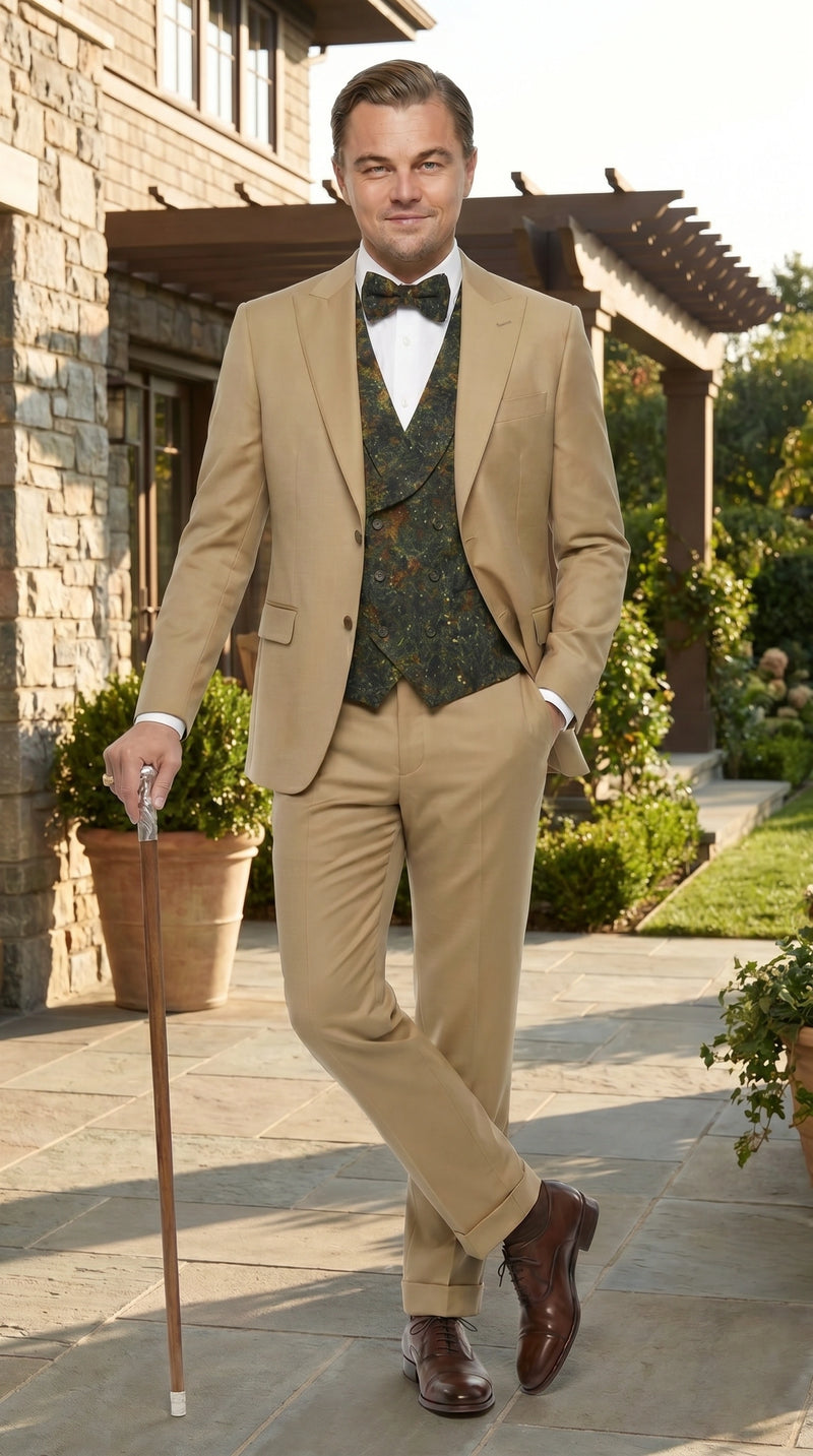 Men’s Khaki 3 Piece Suit with Patterned Vest, Great Gatsby Inspired Formal Suit for Weddings, Mardi Gra in Tan Camel Color