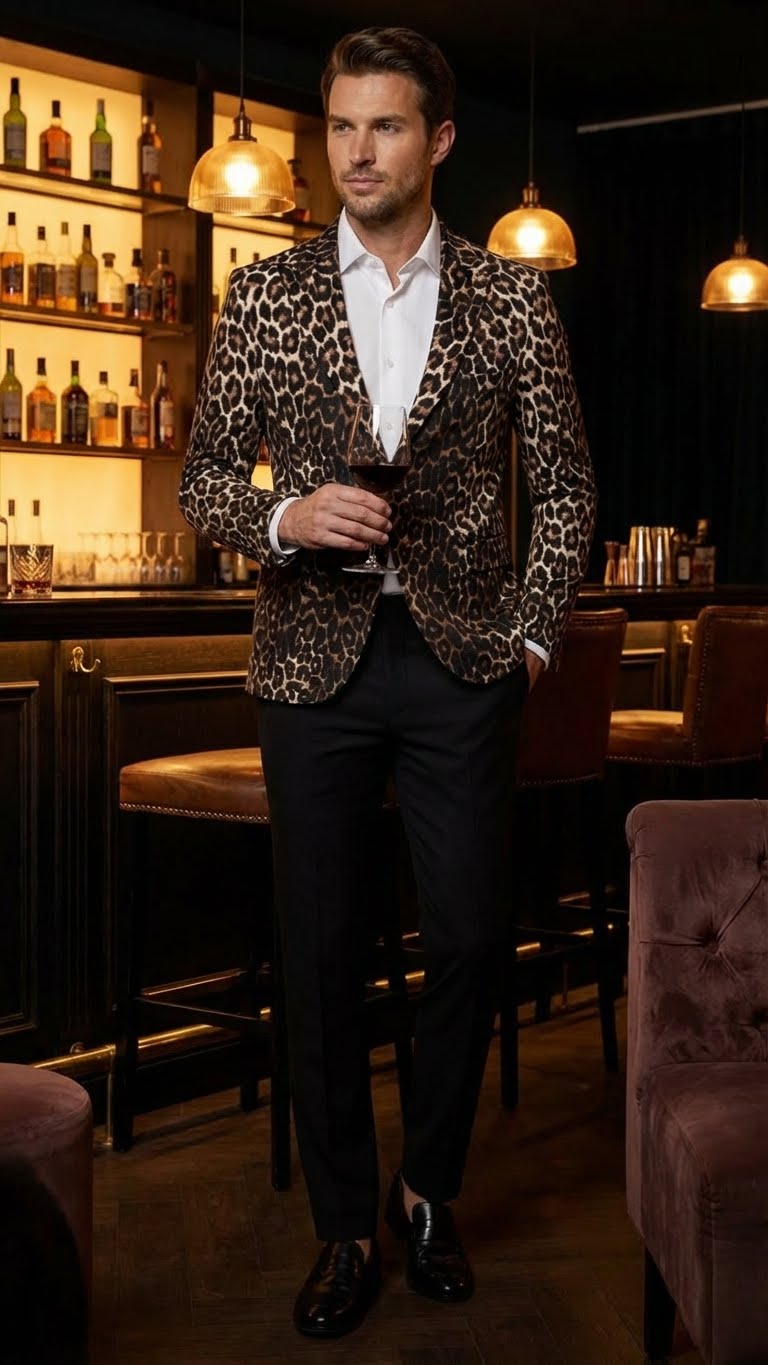 Alberto Nardoni men's leopard print blazer. Fitted shape, single-button closure. Brown/black leopard pattern on beige/tan base. Structured shoulders, notched lapels. Paired with black trousers. Smooth, fitted sleeves.