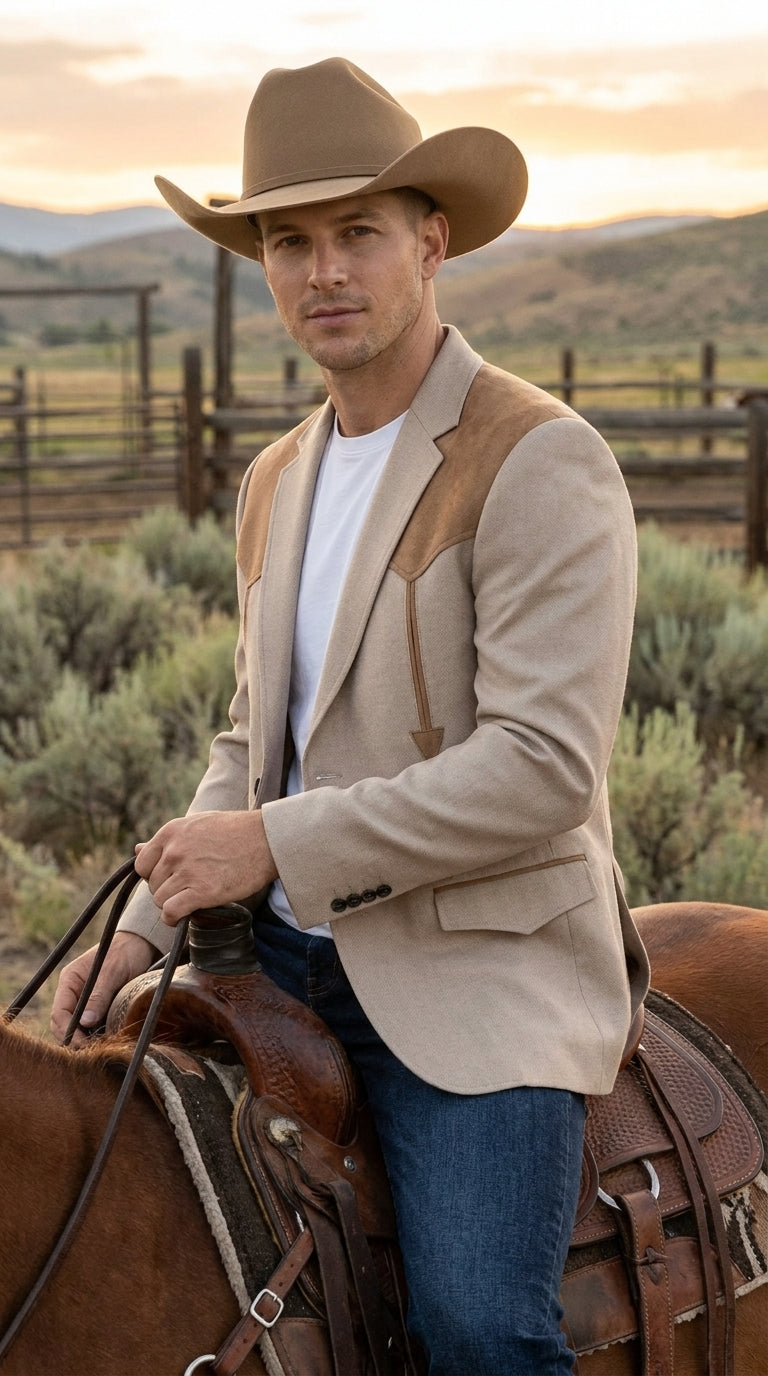 Men’s Khaki Western Blazer – Cowboy Sport Coat with Suede Yoke Detail