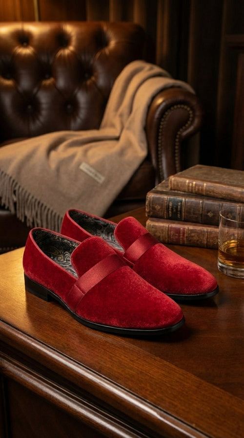 Mens Red Velvet Loafers – Luxury Formal Slip On Dress Shoes Wedding Party Prom Evening Shoes