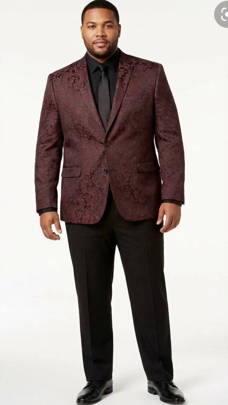Burgundy paisley velvet blazer for men. Floral pattern, single-breasted, two front pockets. Deep burgundy color.