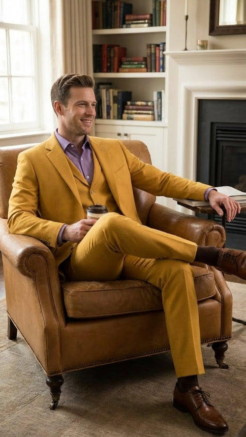 Mustard yellow men's three-piece suit. Two-button closure, notch lapel, modern fit. Includes matching vest and trousers. Smooth fabric, no visible patterns.