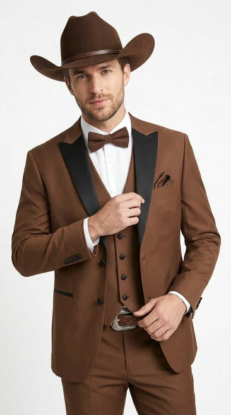 Men’s Light Brown Western Tuxedo 3 Piece Suit with Black Peak Collar Lapel, Country Look Cowboy Suit
