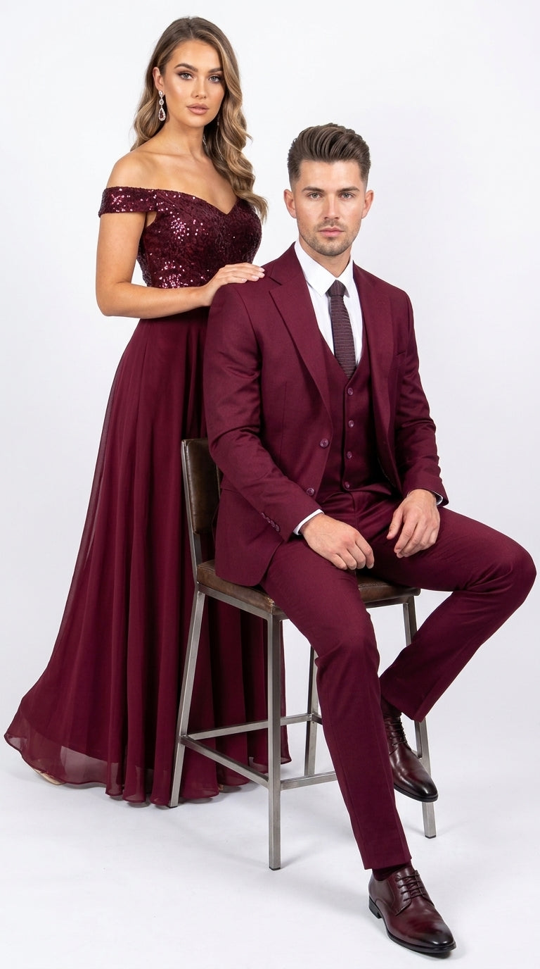 Men’s Stacy Adams Brand Burgundy 3 Piece Suit – Two Button Vested Style church wedding Modern Fit Suit