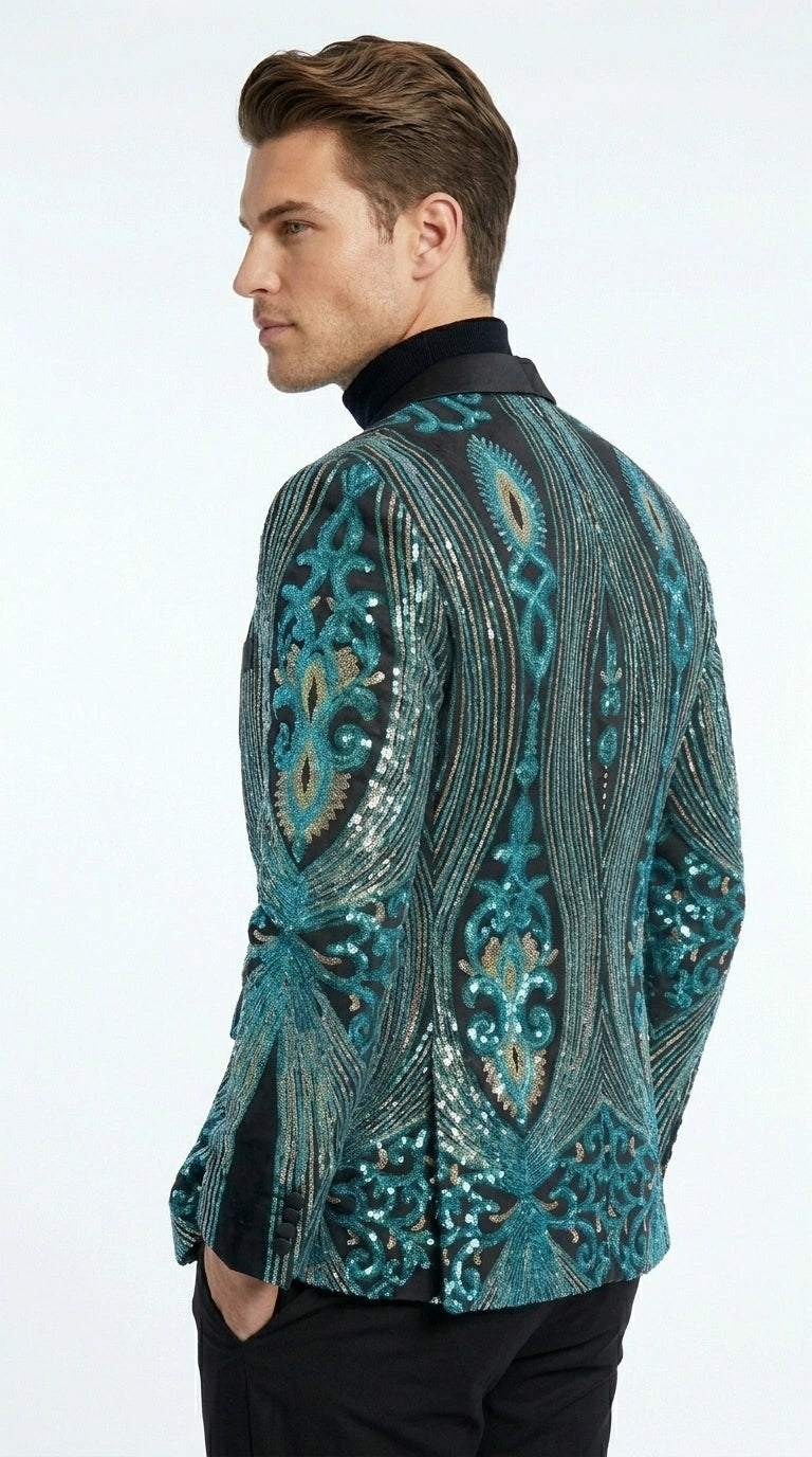 Men’s Black and Turquoise Blue With teal green Sequin Dinner Jacket, Formal Prom Wedding Paisley Floral Mardi Gra Pattern
