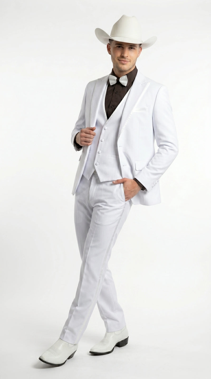 Men’s White Western Cowboy 3 Piece Tuxedo Suit, Formal Wedding Prom Groom Suit Set
