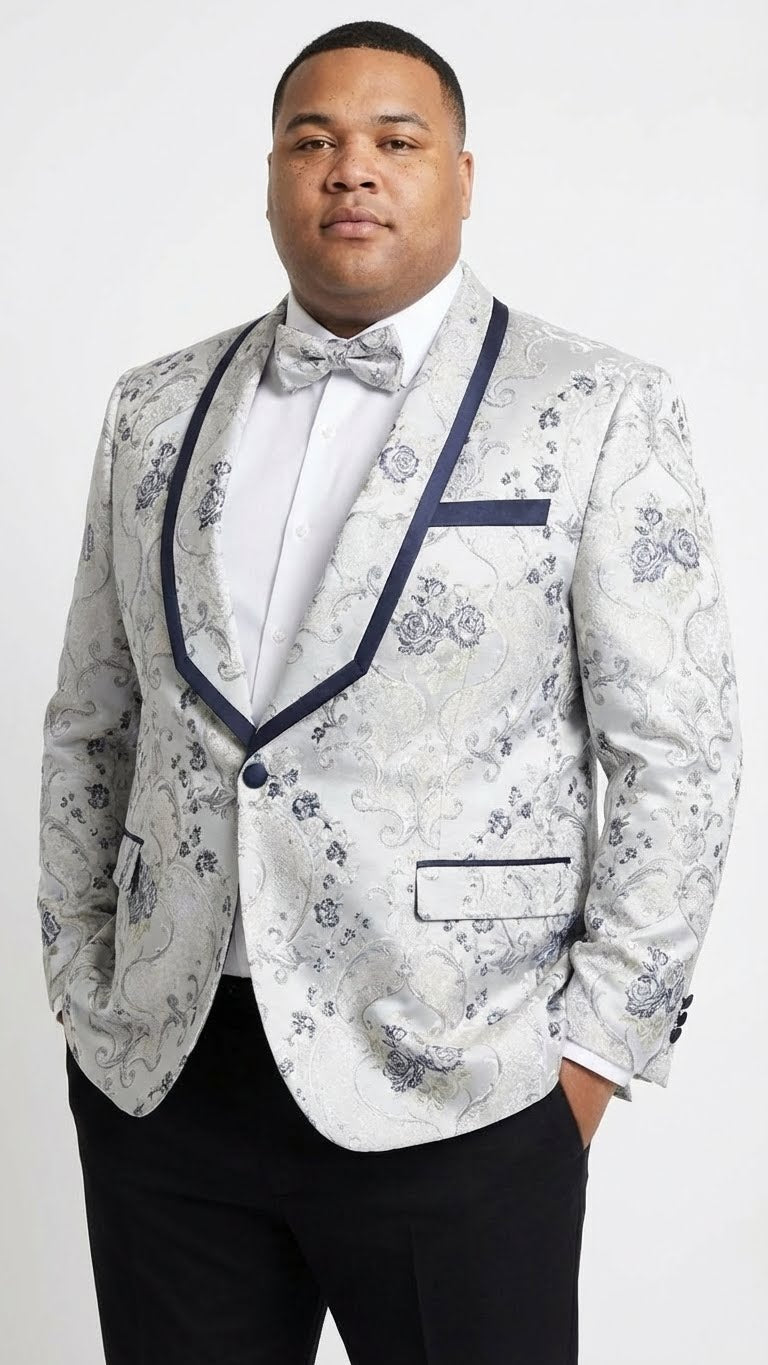 Men's white & navy floral jacquard blazer. Features patterned body, contrast shawl lapel, shiny fabric. Single chest & two lower pockets with navy trim.