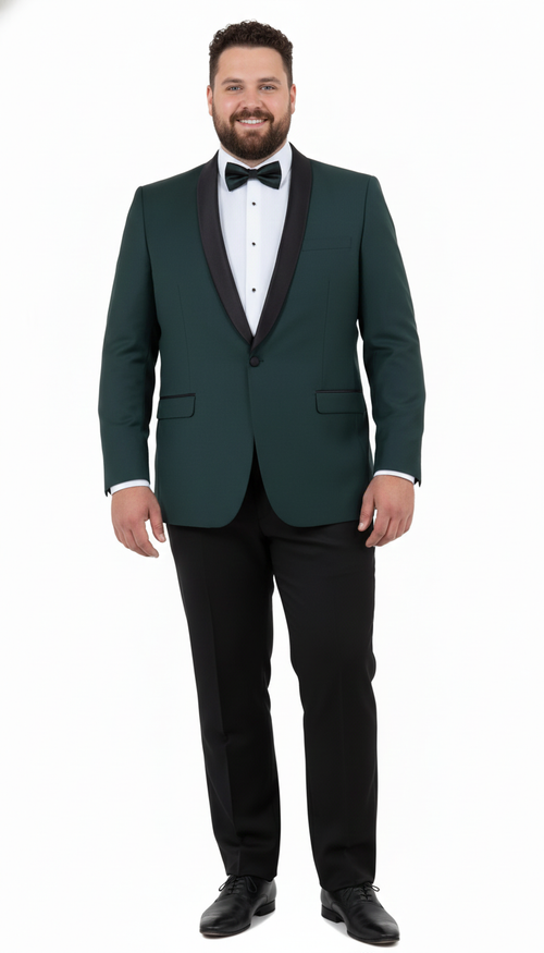 Green tuxedo suit: tailored fit, single-button closure, peak lapels. Black satin accents. Includes matching pants, white shirt, and black bow tie for a formal look.