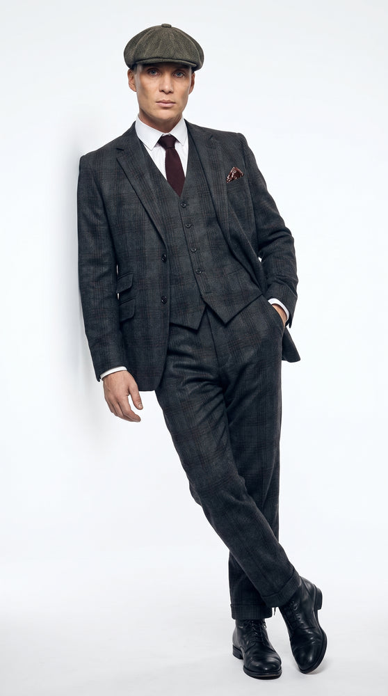 Men's Thomas Shelby Dark Grey Plaid 3-Piece Suit – Peaky Blinders 1920s Vintage Tweed-Style Wedding Suit with Matching Vest & Pants