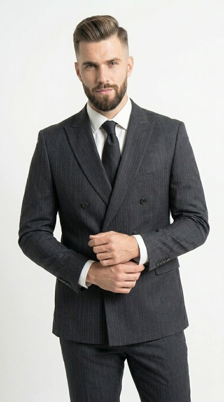 Men’s Black Pinstripe Double Breasted Suit – Classic Formal Business Suit Office and Evening Wear Modern Fit Conservative pattern