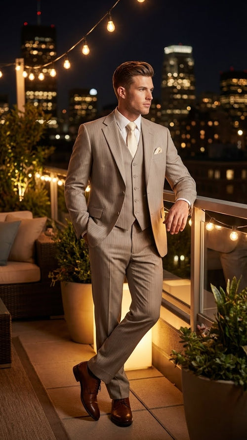 Men's light tan 3-piece suit: fitted jacket, vest, tapered pants. Features pinstripes, notch lapel, two pockets, and flat-front pants. Lightweight fabric.