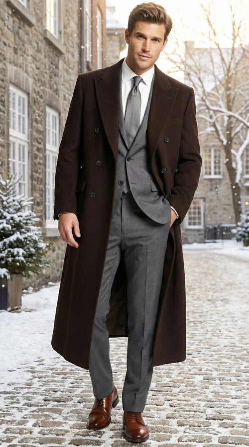 Men’s Brown Long Overcoat – Double Breasted Classic Formal Winter Coat for Business, Topcoat and Cold Weather Wear