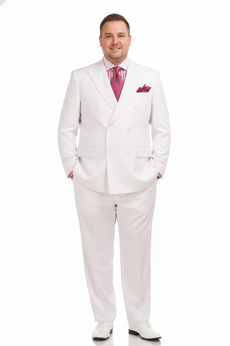 Men's white double-breasted 3-piece suit. Tailored jacket with wide lapels and button rows, paired with flat-front trousers. Lightweight fabric. Includes contrasting pocket square.