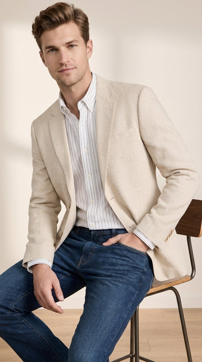 Men’s Light Tan Sport Coat – Classic Two-Button Casual Blazer for Business, Weddings & Smart Casual Wear Modern Fit Linen Fabric