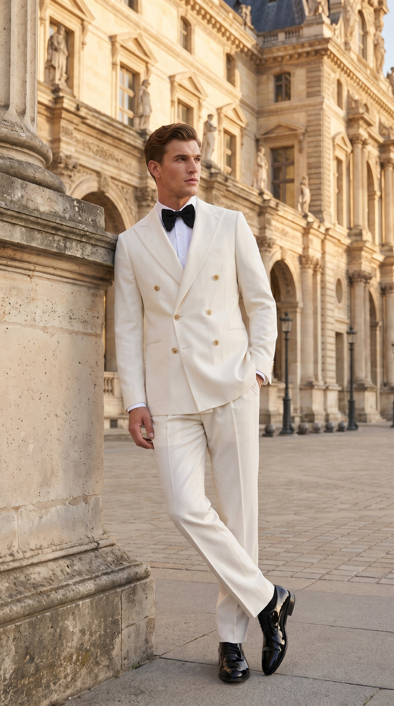 Men’s Ivory Double-Breasted Tuxedo – Gold Button Wedding, Prom and Formal Suit