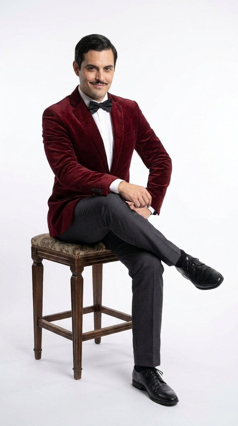 Men’s Gomez Addams Inspired Costume, Burgundy Velvet Blazer with Black Pants Formal Party Outfit Combo