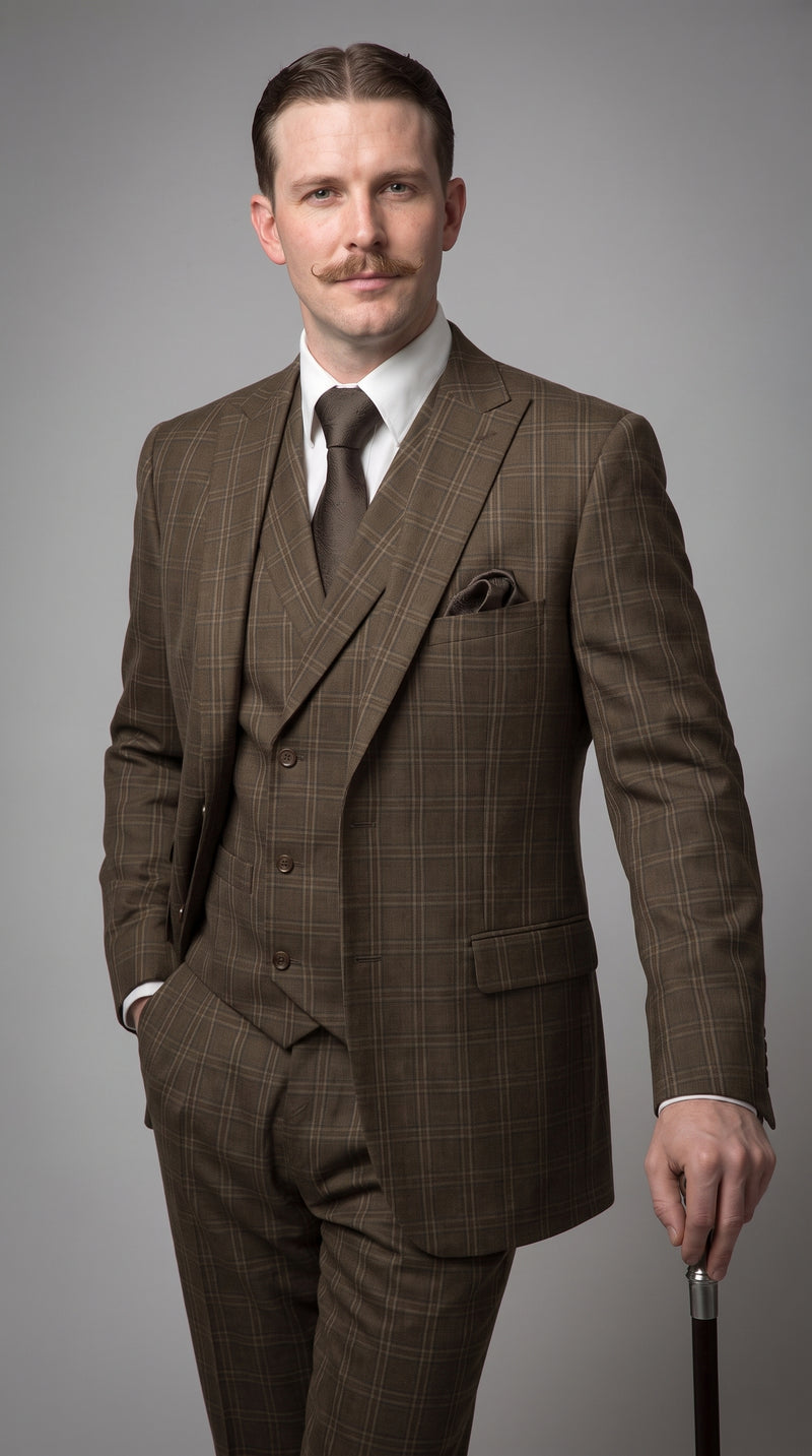 Men’s Edwardian Brown Plaid 3-Piece Suit – Vintage Double-Breasted Vest Wedding and Formal Suit