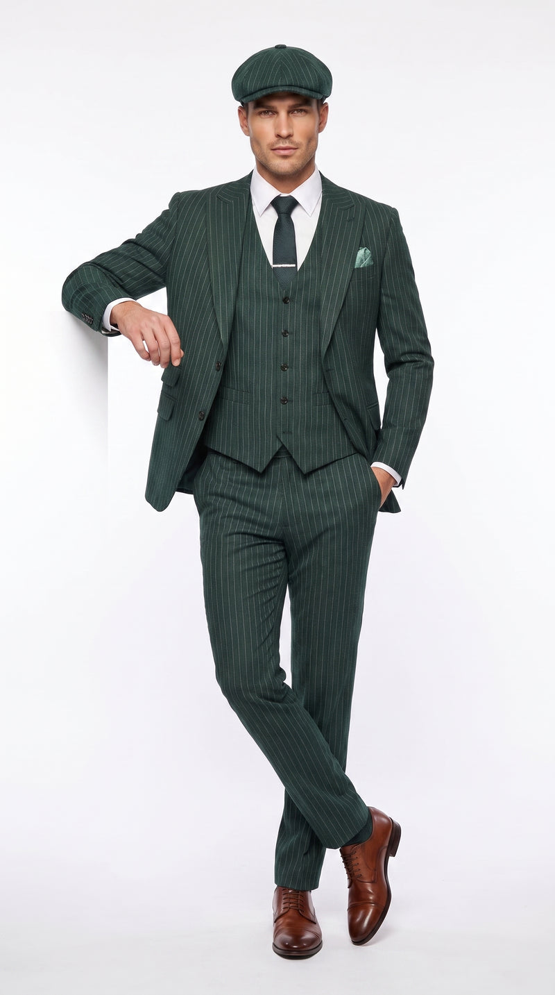 Men’s Hunter Green Pinstripe 3-Piece Suit – Vintage Wedding, Prom and Formal Suit with Matching Vest