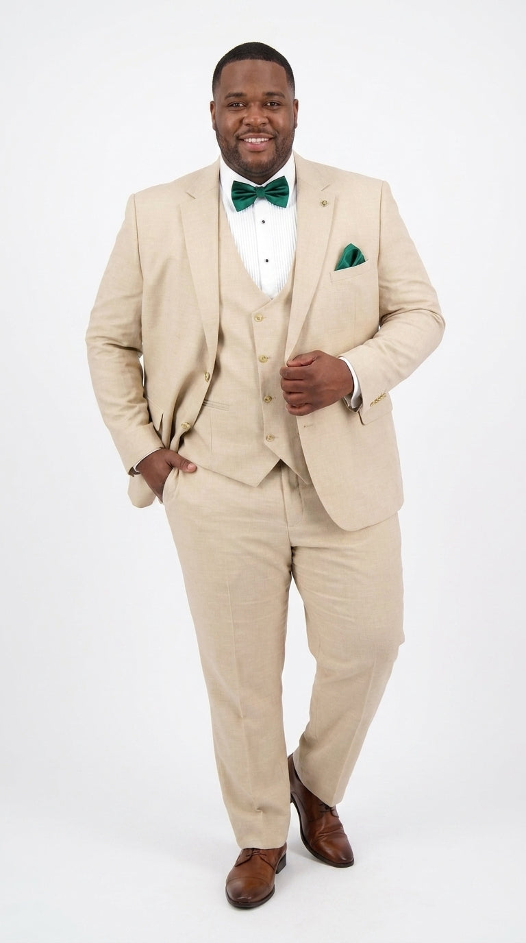 Men’s Khaki Tan 3-Piece Groomsmen Suit – Wedding Suit with Double-Breasted Vest and Pants Great Gatsby Style Gold buttons
