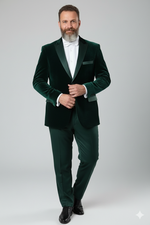 Dark green velvet tuxedo jacket for men. Structured silhouette, single-button closure, peak lapels. Plush velvet fabric. Chest pocket, tailored fit, buttoned cuffs. Rich, dark green.