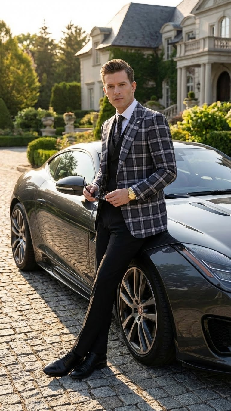 Men's big & tall charcoal/black plaid blazer. Structured fit, notch lapels, alternating plaid pattern, two front pockets, and single-button closure. Classic, sophisticated look.