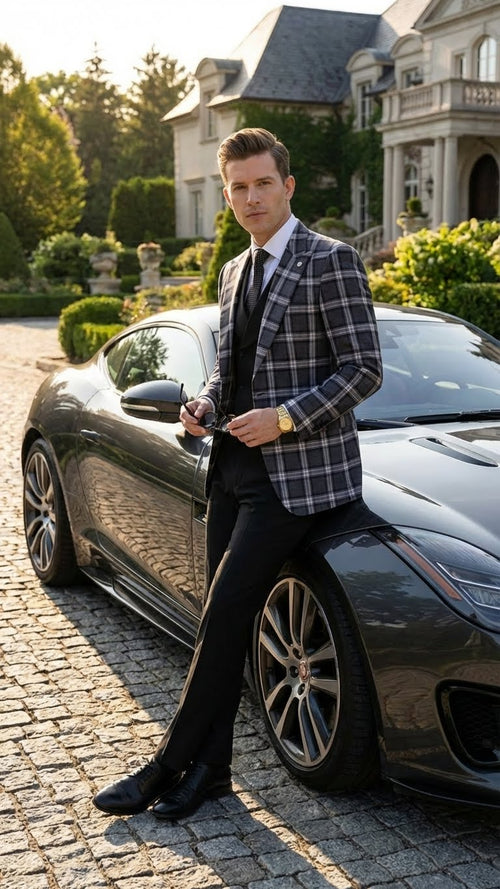 Men's big & tall charcoal/black plaid blazer. Structured fit, notch lapels, alternating plaid pattern, two front pockets, and single-button closure. Classic, sophisticated look.