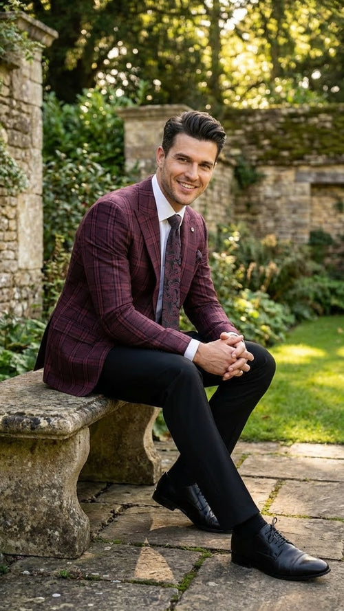 Alberto Nardoni men's burgundy check blazer. Slim fit, structured design with notched lapels. Textured fabric with burgundy check pattern. Two front pockets, tailored silhouette.