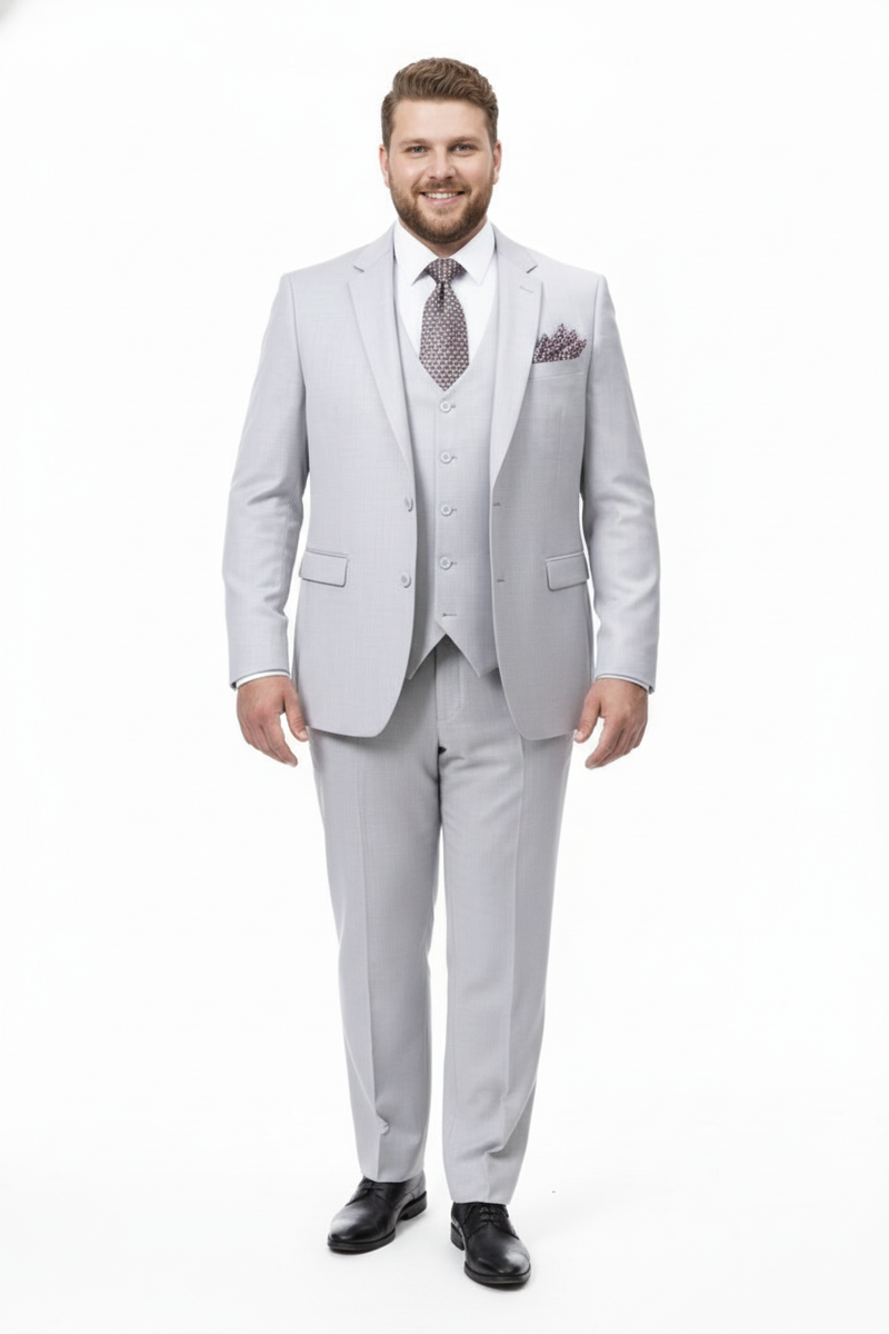 Light gray men's three-piece wedding suit. Includes a two-button blazer, matching vest, and flat-front trousers. Smooth fabric with a subtle pattern, designed for a comfortable fit.