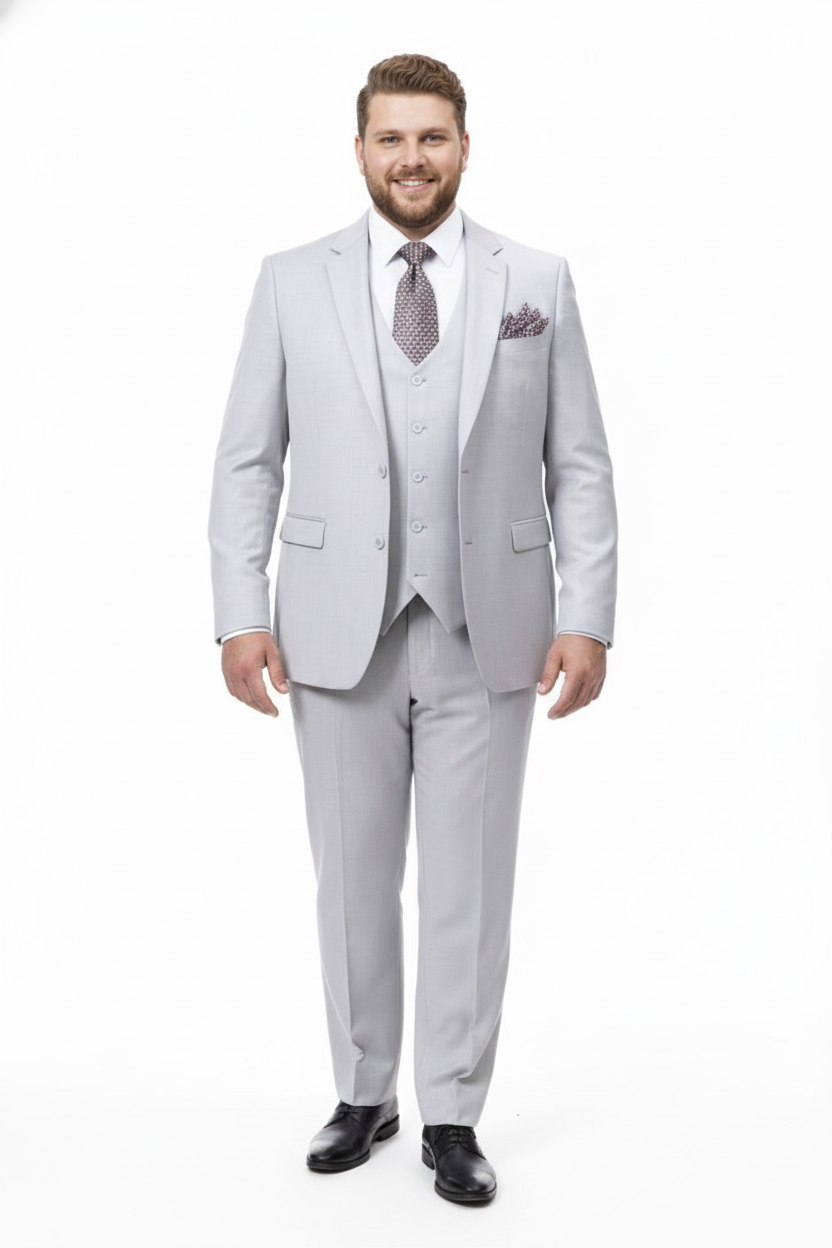 Men’s Very Light Gray Three-Piece Wedding Suit 2 Buttons Modern or Slim Fit Ash Bone Color Steel Grey