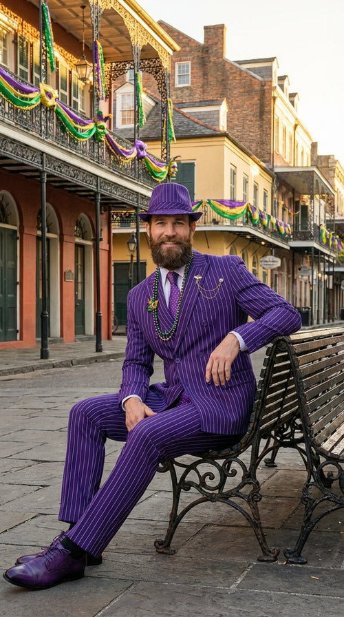 Men’s Purple Pinstripe Mardi Gras Suit | Classic Double Breasted Formal Carnival Suit