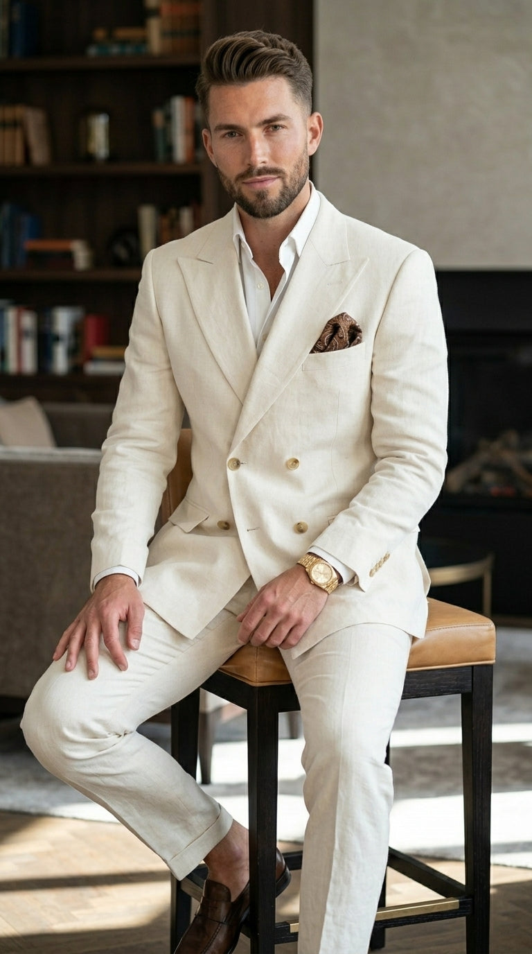 Men’s Ivory Linen Double Breasted Blazer, Lightweight Wedding Dinner Sport Coat Jacket Cream Off White