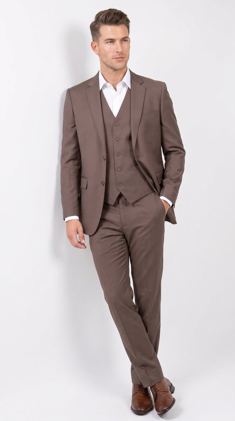 Men’s Zagarie Brand Light Brown Mocha 3-Piece Wool Suit – Modern Wedding, Business and Formal Suit with Pick Stitching